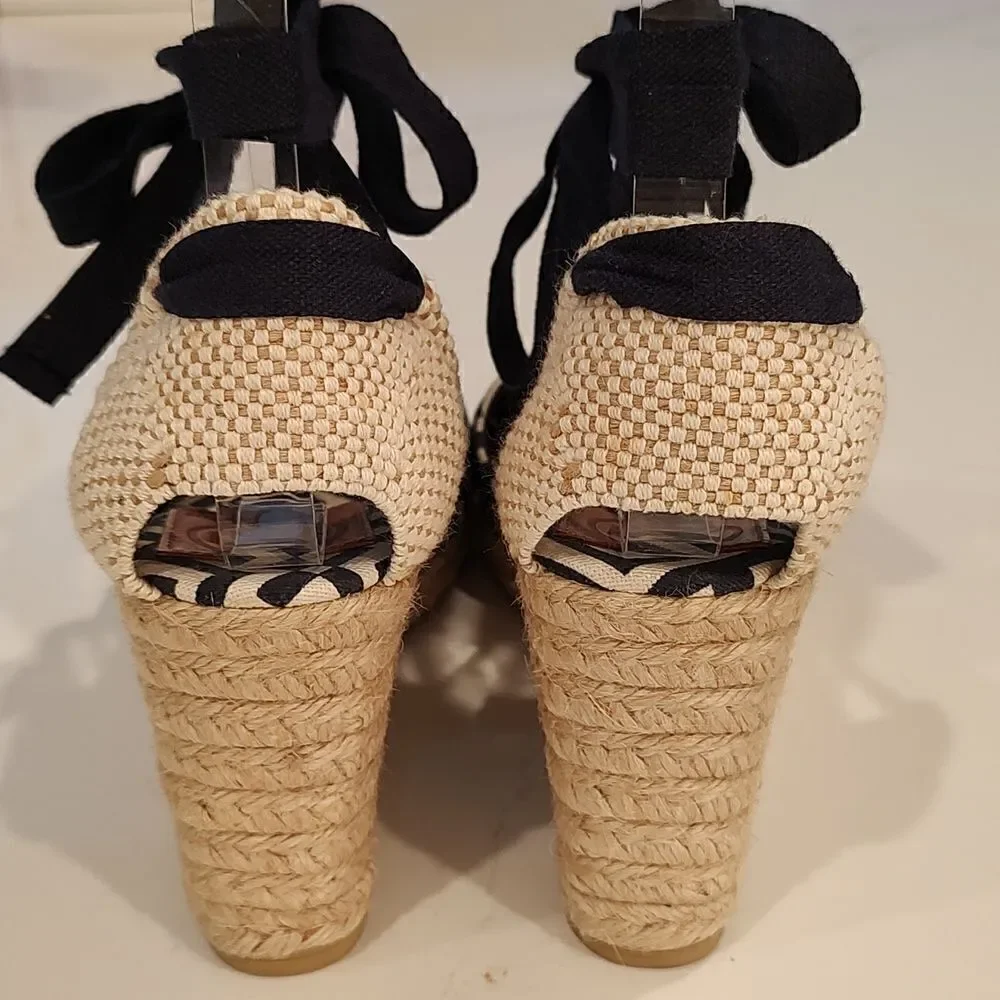 Tory Burch Geo Print Platform Wedge Espadrilles Navy White Boho Sandals